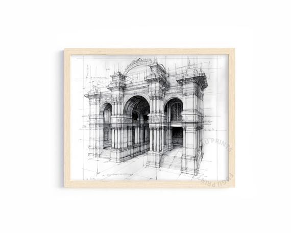 Classical Building Architectural Sketch, Line Drawing Art