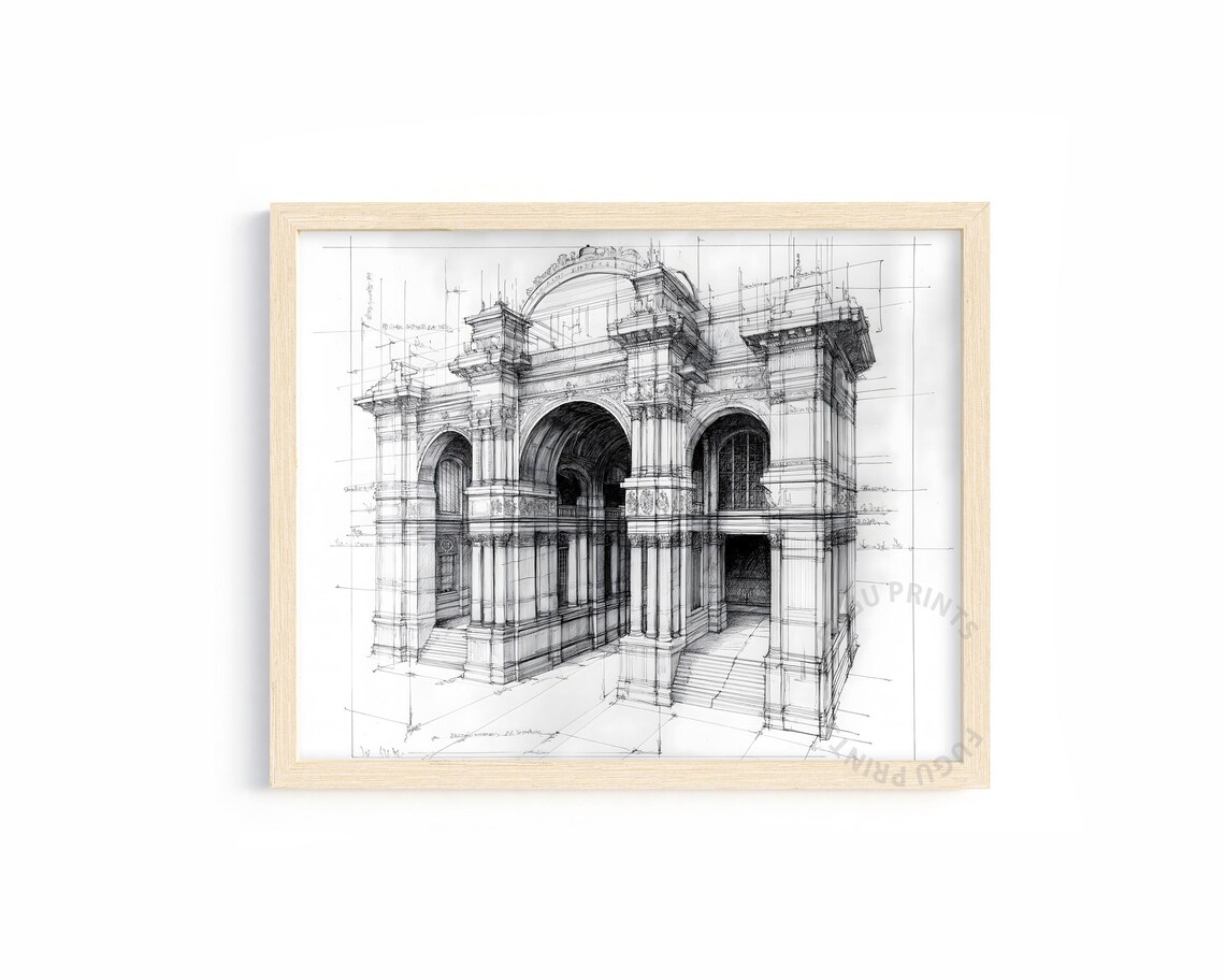 Classical Building Architectural Sketch, Line Drawing Art
