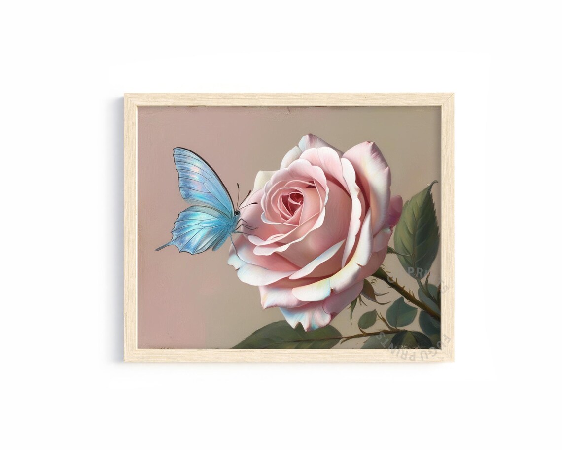 Pink Rose Butterfly Art, Romantic Floral Decor