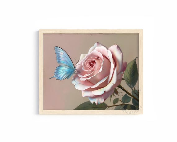 Pink Rose Butterfly Art, Romantic Floral Decor