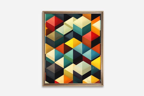 Geometric Cubes Art Mid Century Modern Print Retro Abstract Wall Art Colorful Isometric Design Decor 306