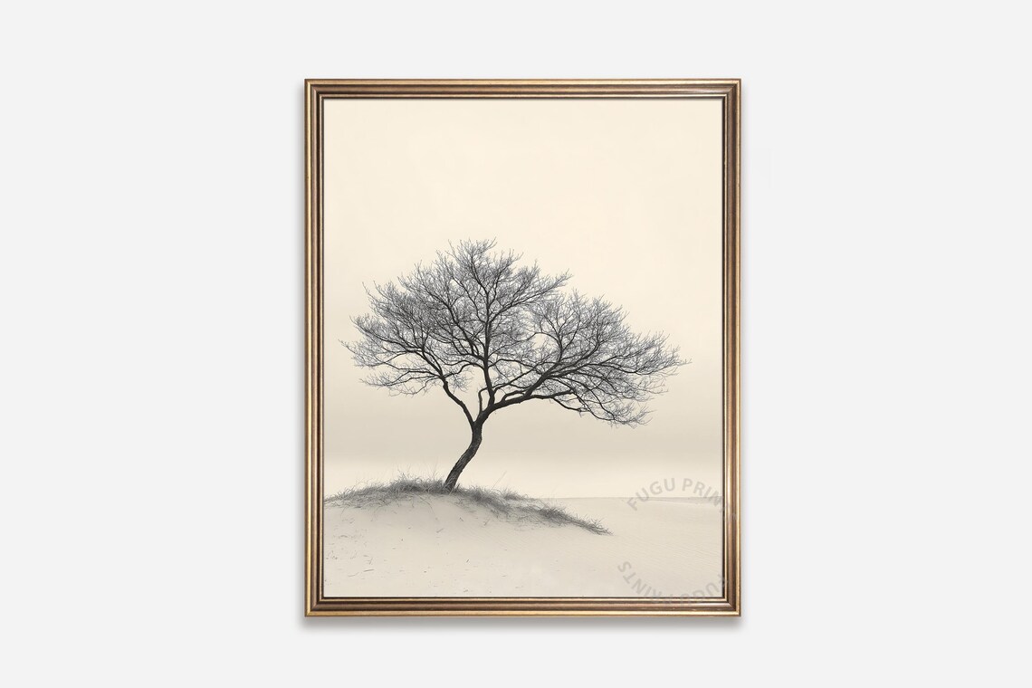 Bare Tree Print, Minimalist Sand Dune Decor