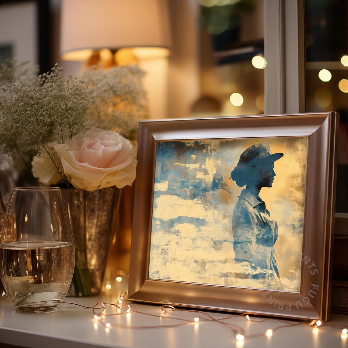 Abstract Blue Beige Woman Silhouette Wearing Hat Vintage Poster - Image 3