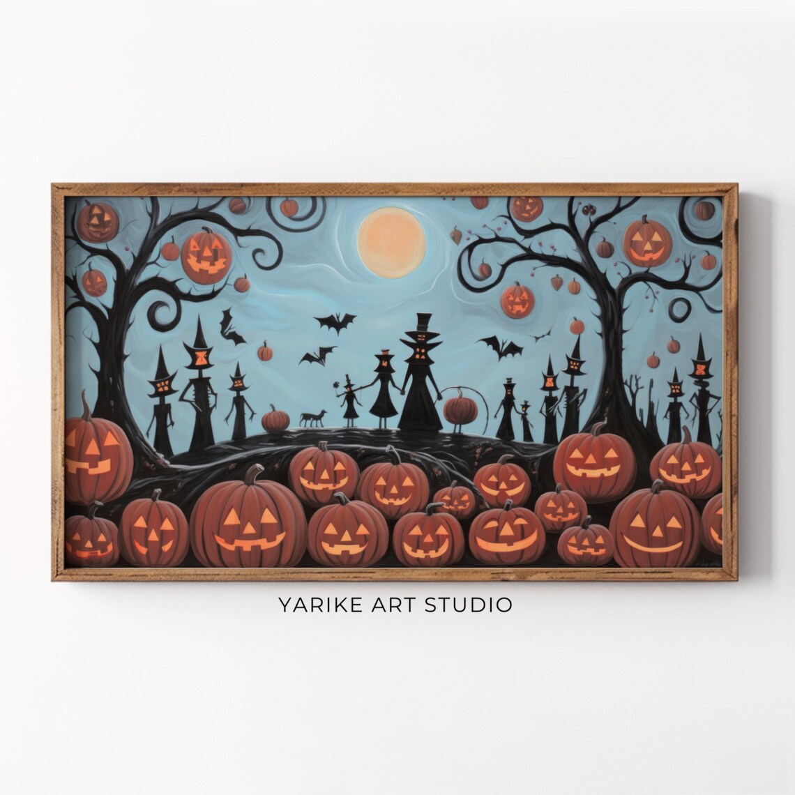 Halloween Witches Pumpkins Moon Bats Spooky Night Scene Poster