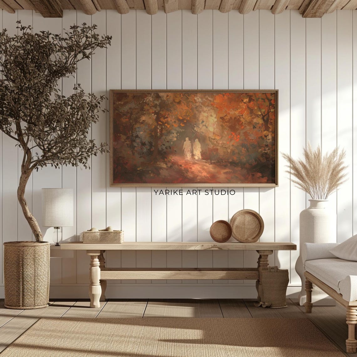 Two Glowing Ghosts in Autumn Forest Path Spooky Cute Art Poster - Image 2