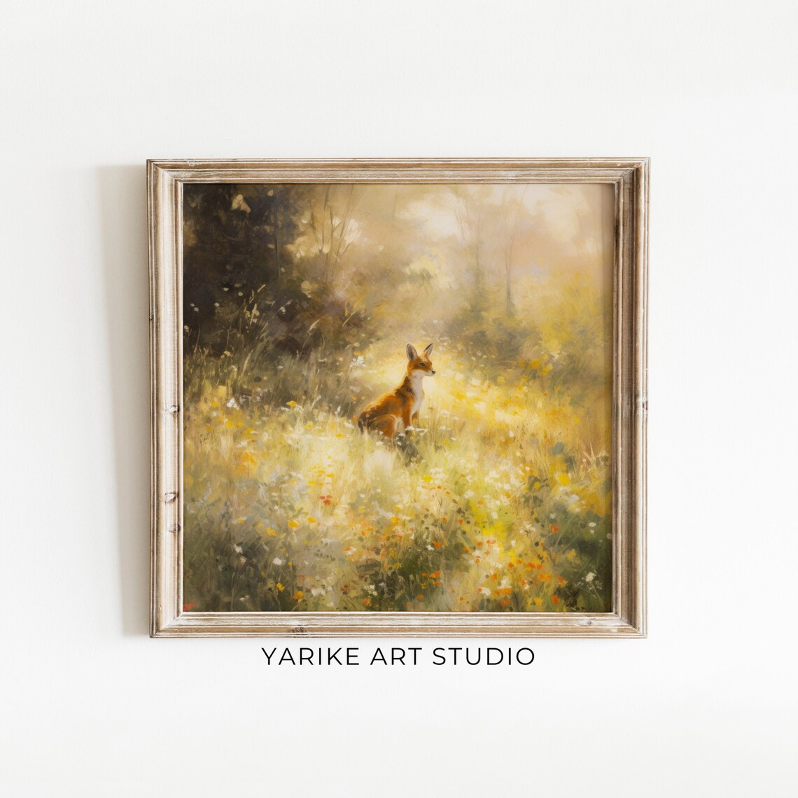 Red Fox Sitting In Sunlit Wildflower Meadow Wildlife Art Print