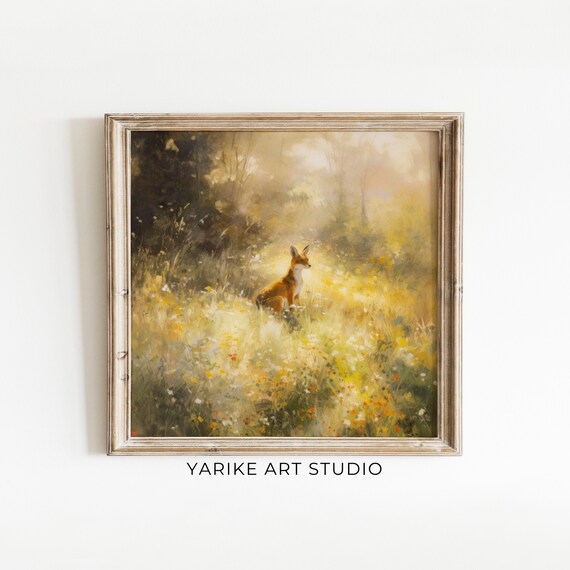 Red Fox Sitting In Sunlit Wildflower Meadow Wildlife Art Print