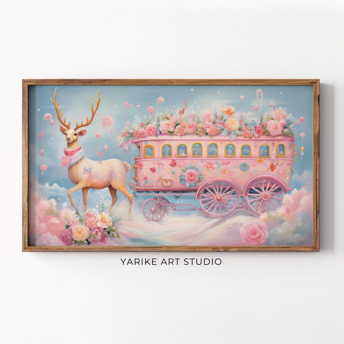 Pastel Pink Deer Flower Carriage Whimsical Christmas Scene Poster