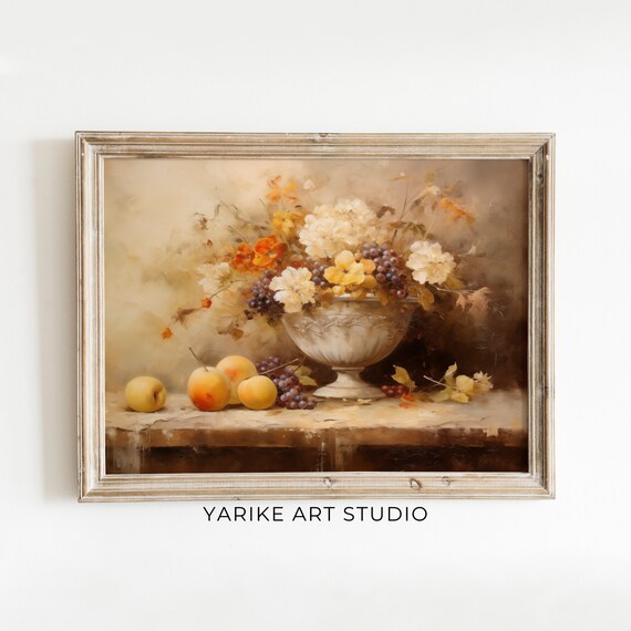 Antique Still Life Original Painting Vintage Peonies Moody Botanical Print Rustic Botanical Art Yarike Art Studio 228 Ai