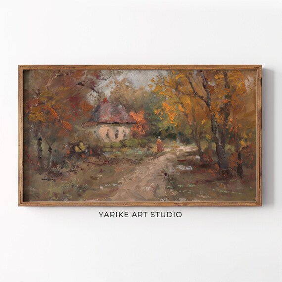 Autumn Cottage in Fall Woods Red Cloak Figure Vintage Art Poster