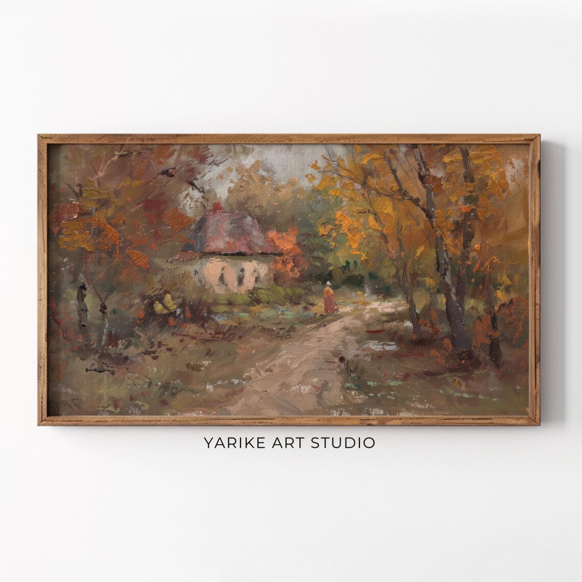 Autumn Cottage in Fall Woods Red Cloak Figure Vintage Art Poster