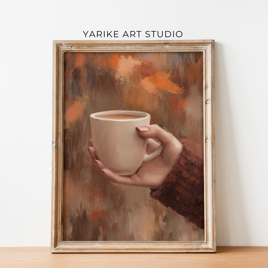Hand Holding Warm Coffee Mug Against Autumn Background Cozy Art Print - Image 2