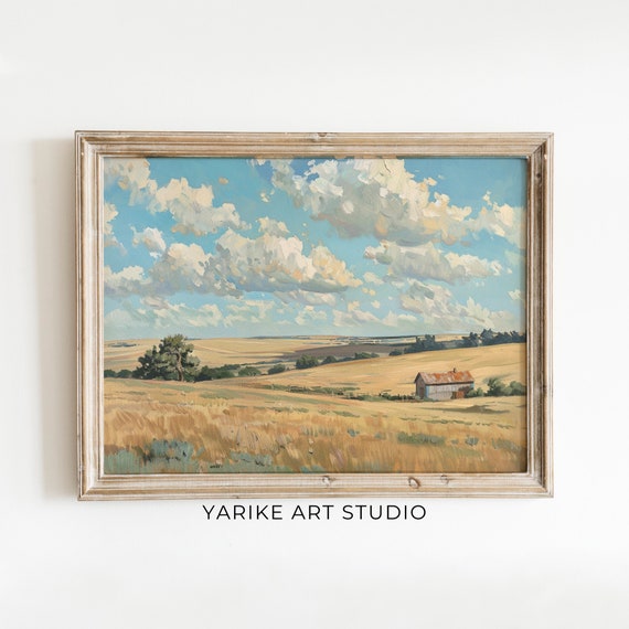 Rustic Country Art Print Vintage Farmland Landscape Painting Neutral Countryside Art Farmhouse Decor Print 691