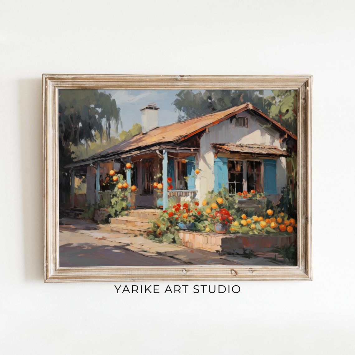 Rustic Cottage with Blue Shutters Blooming Marigolds Painting Poster