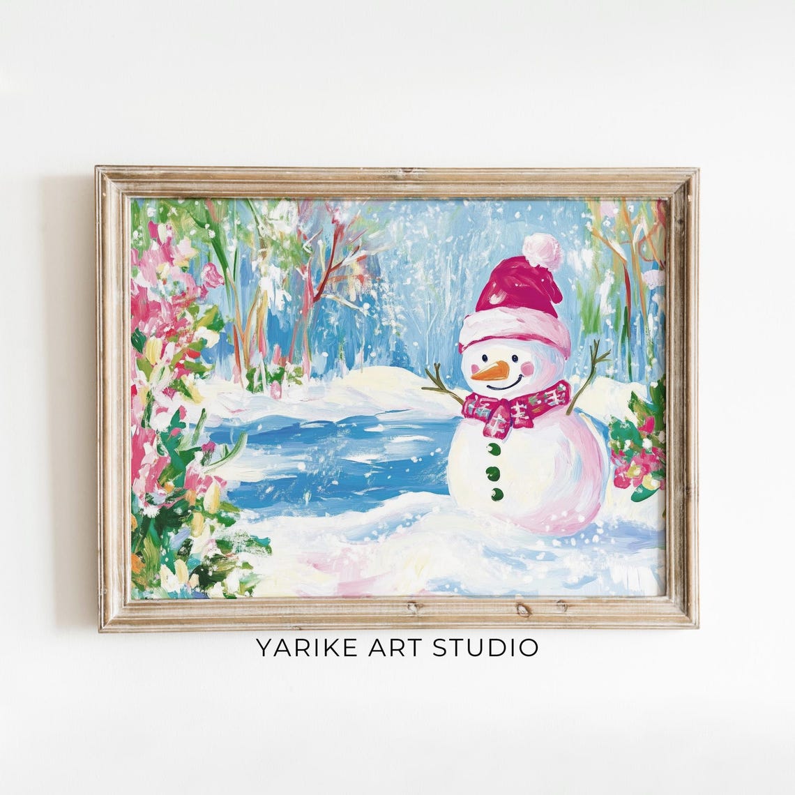 Snowman in Red Santa Hat by Snowy Pond Winter Christmas Poster