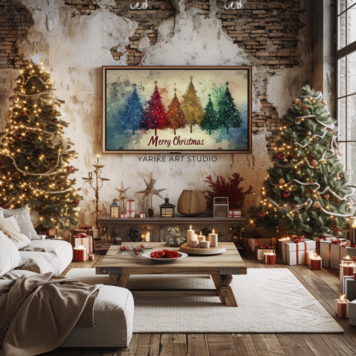 Merry Christmas Watercolor Evergreen Trees Rainbow Holiday Poster - Image 2