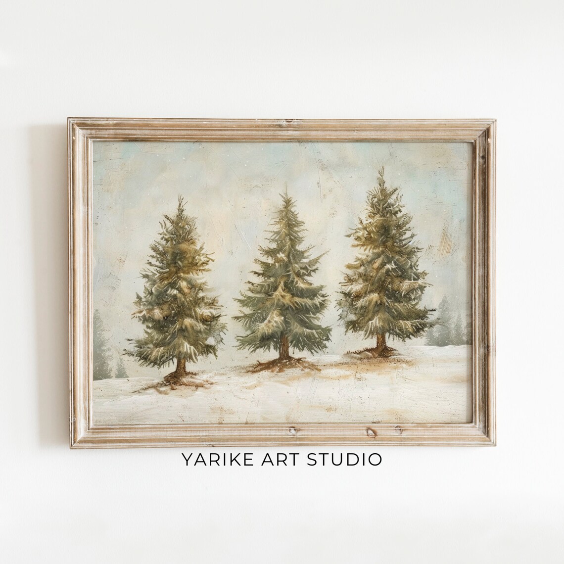Three Evergreen Trees Standing in Soft Snowfall Minimalist Winter Poster