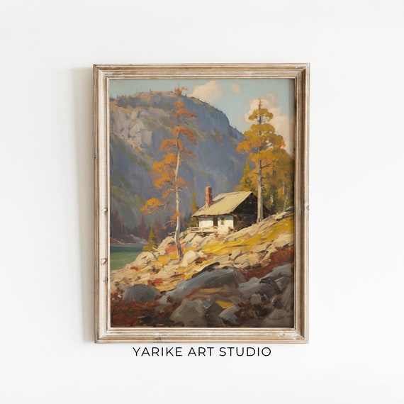 Impressionist Mountain Cabin Vintage Landscape Oil Painting Country Forest House Print Lake House Wall Art Decor 654