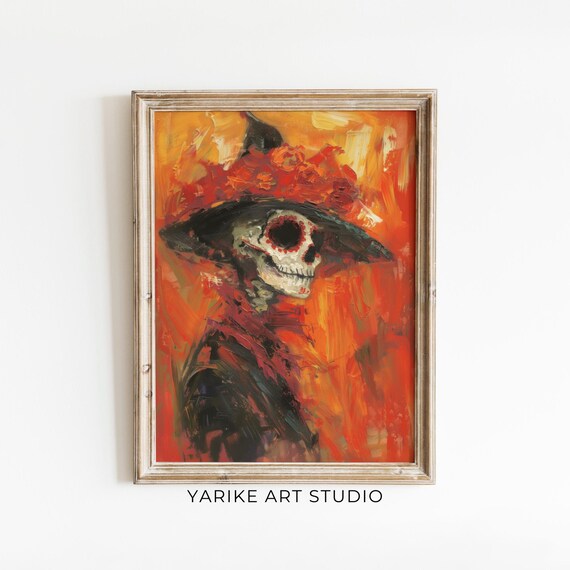 Skeleton Lady In Flames Moody Abstract Macabre Painting Impressionism Halloween Print Day Of The Dead Decor Halloween Art 827