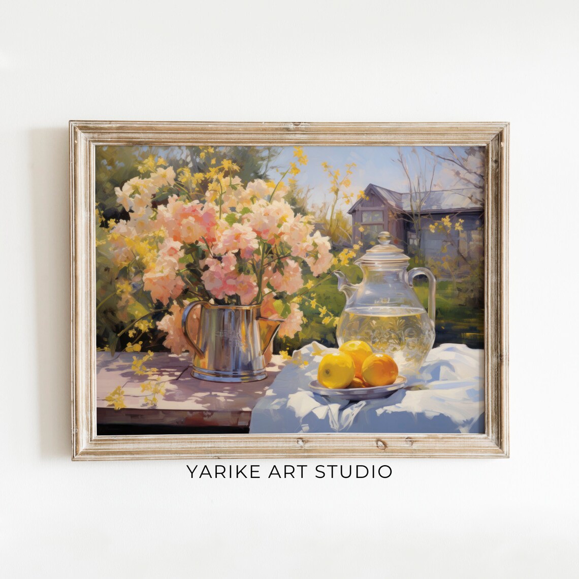 Pink Blossom Pitcher Lemons Garden Still Life Painting Poster