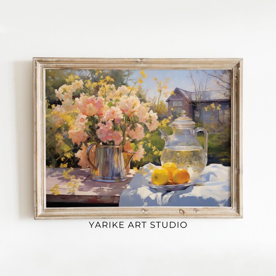 Pink Blossom Pitcher Lemons Garden Still Life Painting Poster