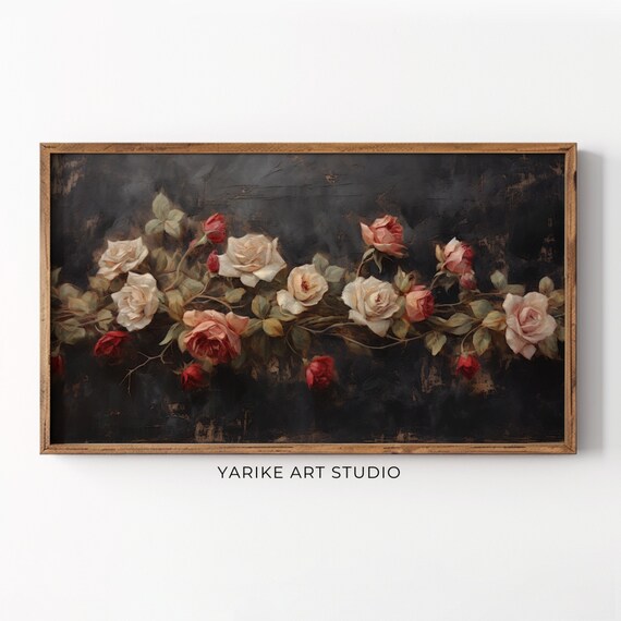 Red White Roses Valentines Day Frame Tv Art Vintage Floral Oil Painting Botanical Flowers Frame Tv Art Dark Moody Decor 139