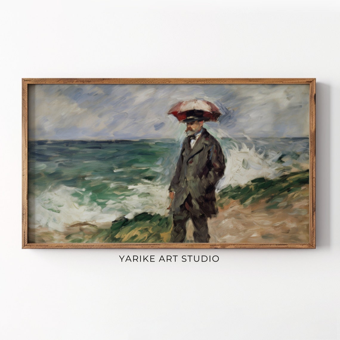 Gentleman with Umbrella on Windy Beach Impressionist Seascape Poster