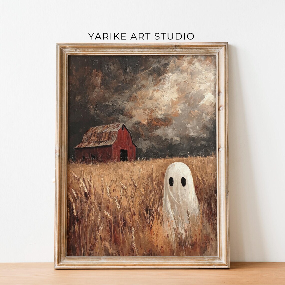 Friendly White Ghost in Golden Wheat Field by Red Barn Halloween Poster - Image 2