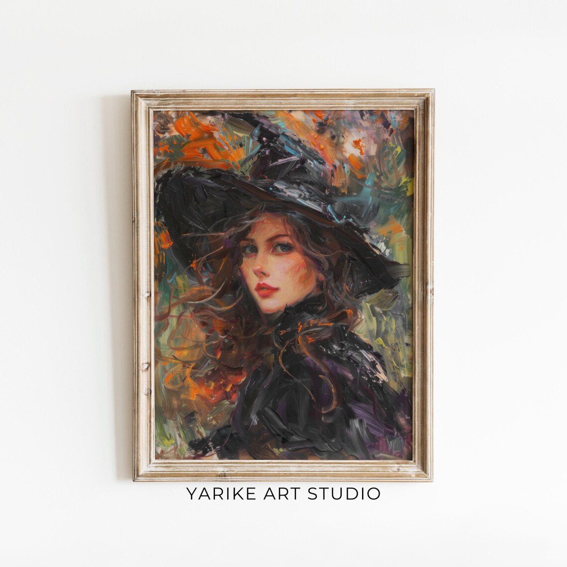Beautiful Witch Portrait Black Hat Painterly Halloween Art Poster