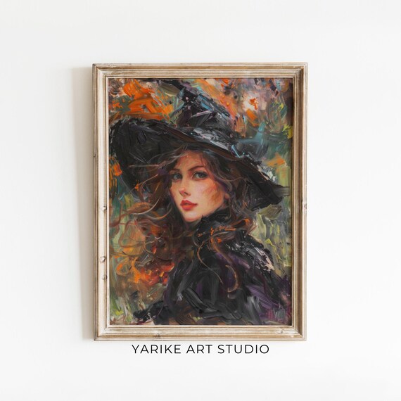 Moody Witch Portrait Painting Vintage Female Wizard Hat Print Abstract Woman Wall Art Halloween Witch Decor Art 815