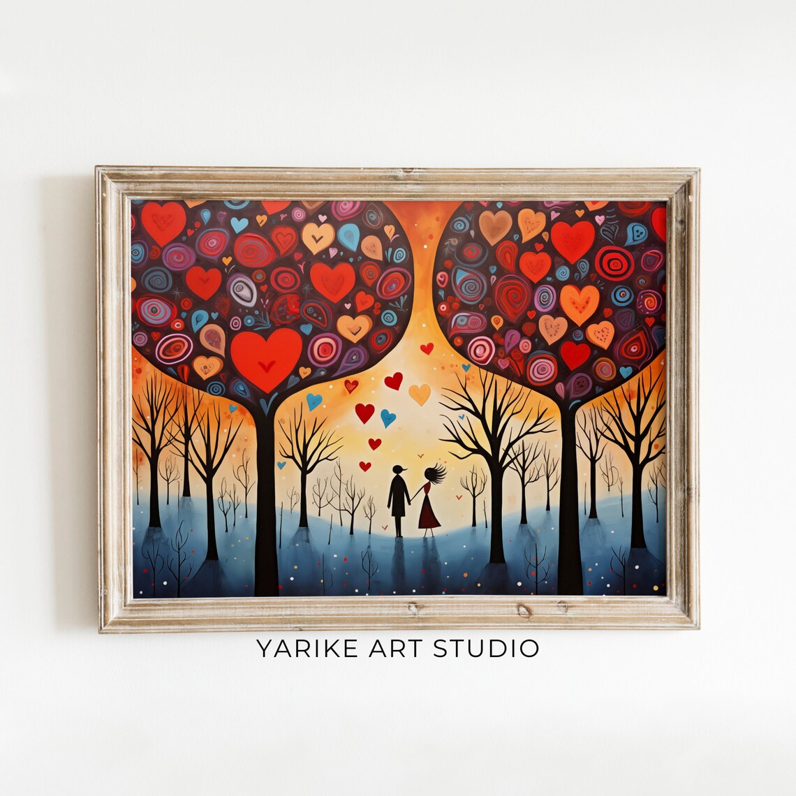 Couple Under Heart Trees In Snowy Woodland Folk Valentine Poster - Image 6