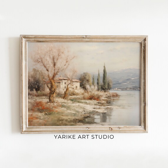 Lakeside Italian Villa In Autumn Vintage Watercolor Landscape Print