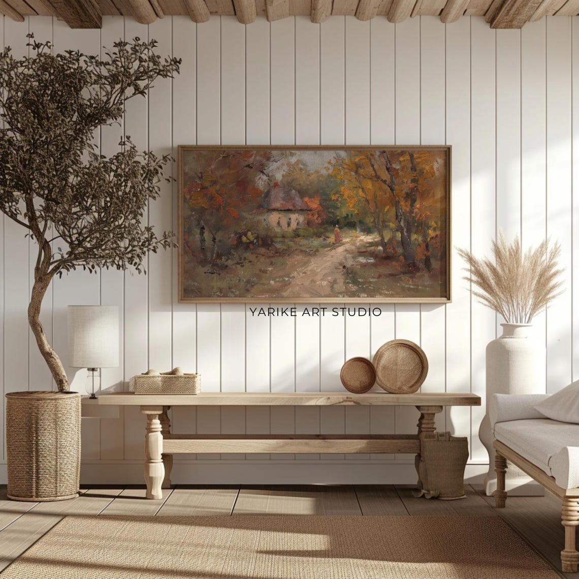 Autumn Cottage in Fall Woods Red Cloak Figure Vintage Art Poster - Image 2