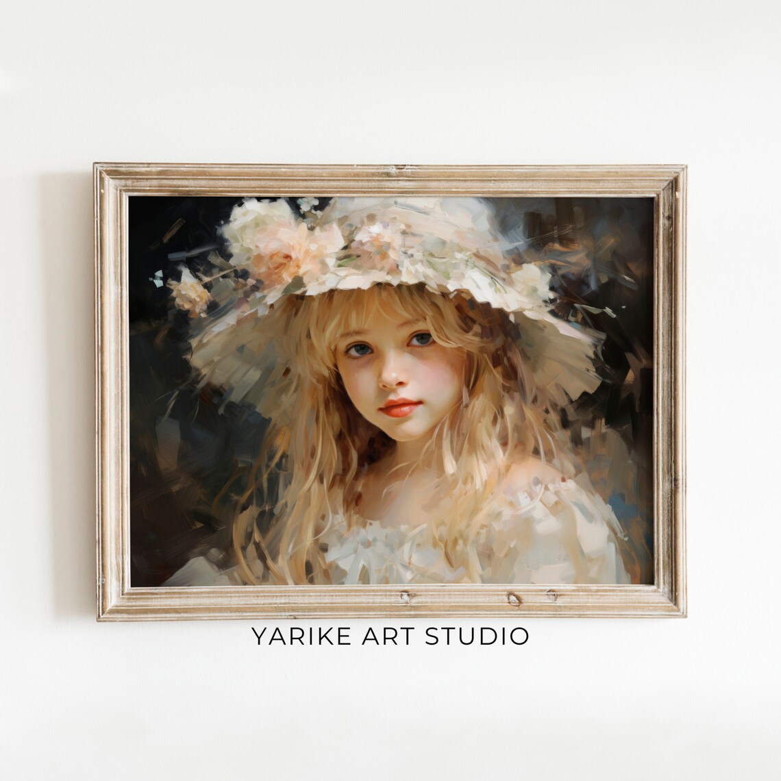Little Girl in Floral Hat Vintage Oil Portrait Blonde Child Art Poster