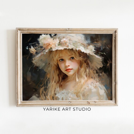 Little Girl in Floral Hat Vintage Oil Portrait Blonde Child Art Poster