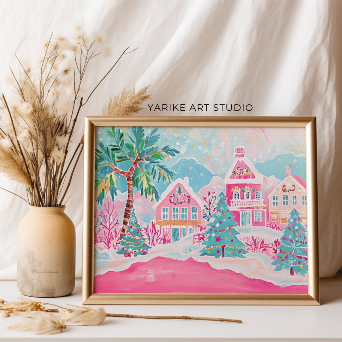 Pink Tropical Christmas Village With Palm Tree Holiday Poster - Image 2