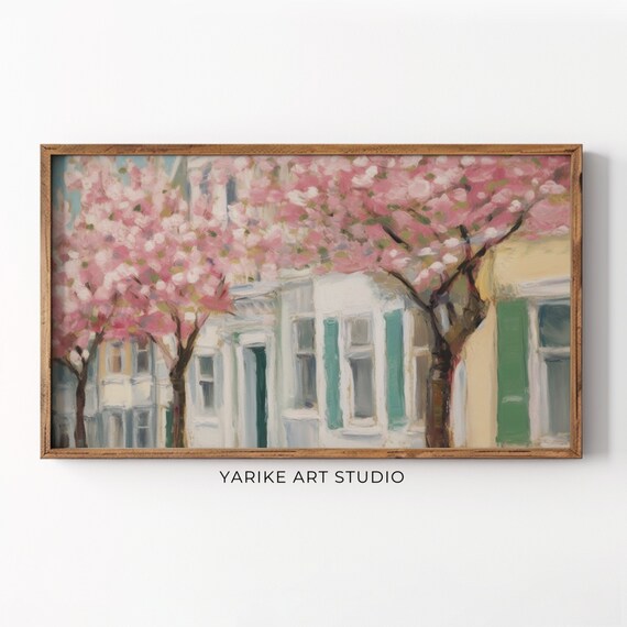 Cherry Blossom Trees Blooming Town Street Spring Cityscape Poster