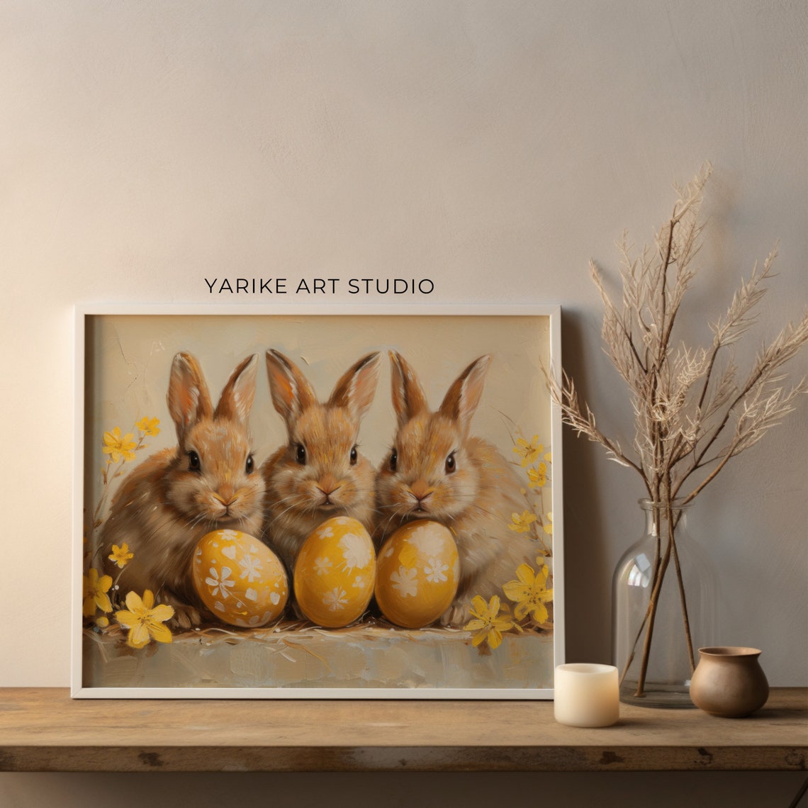Vintage Easter Bunnies With Eggs Cute Rabbits Neutral Easter Decor Animal Nursery Print Rustic Animal Wall Art 474 - Image 2