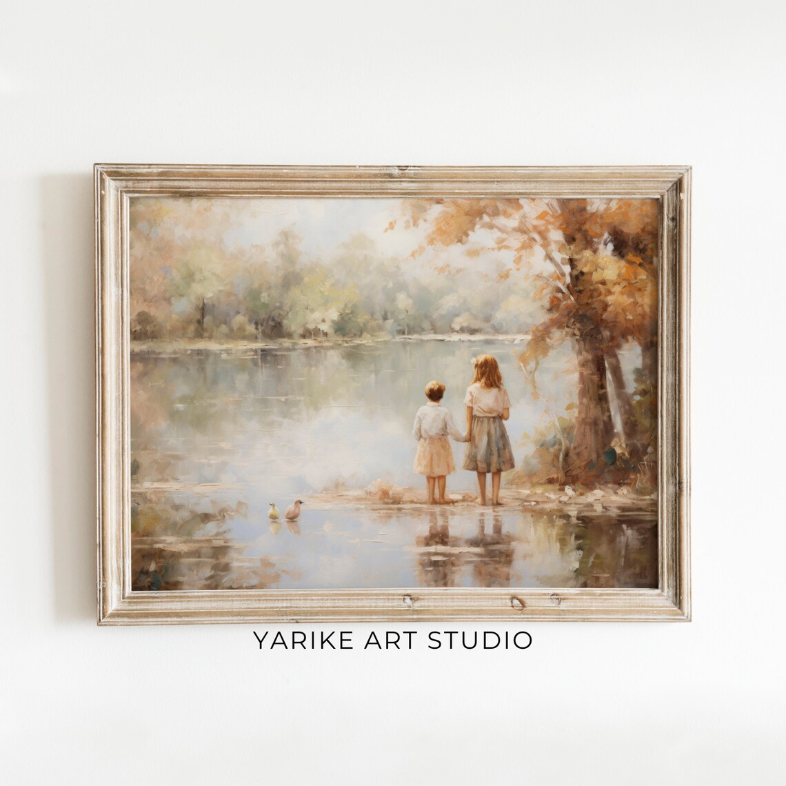 Two Children At Autumn Lakeside With Ducks Soft Nostalgic Poster