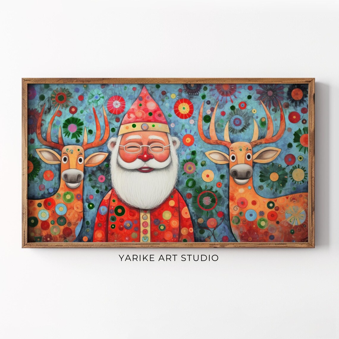 Folk Art Santa Claus Reindeer Colorful Patterned Christmas Poster