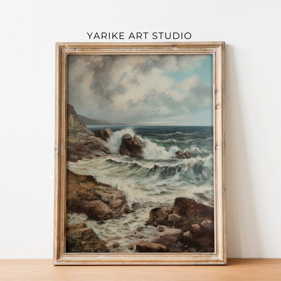 Moody Coastal Rocky Shore Seaside Painting Ocean Seascape Art Print Large Bedroom Art Beach Art Yarike 114 Ai