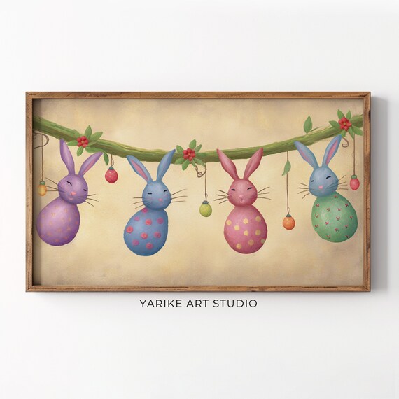 Whimsical Easter Bunnies Hanging Colorful Pastel Spring Art Poster