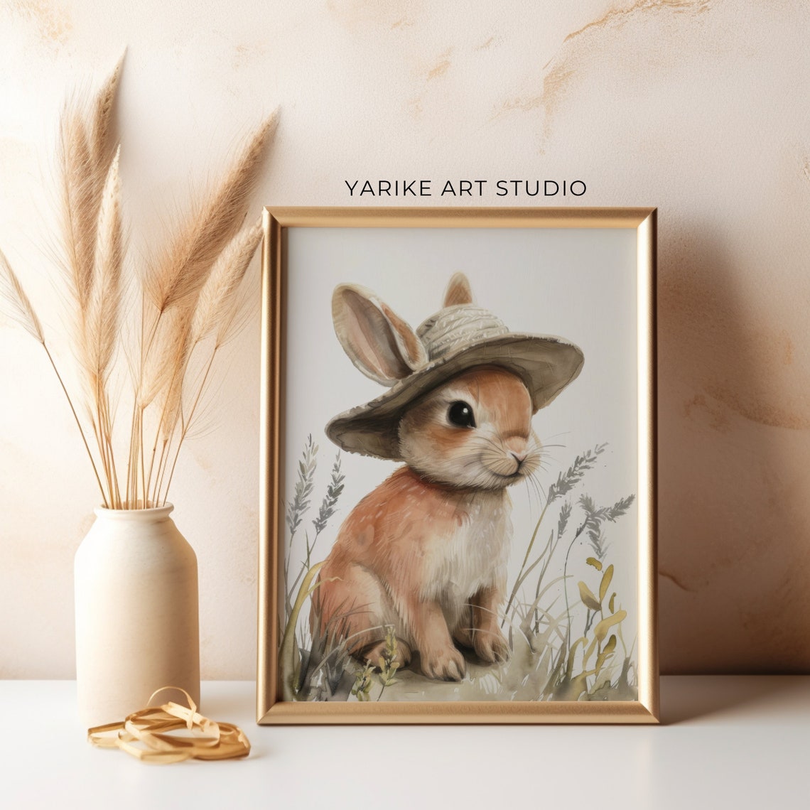 Cute Bunny Wearing Straw Hat Watercolor Rabbit Nursery Poster - Image 2