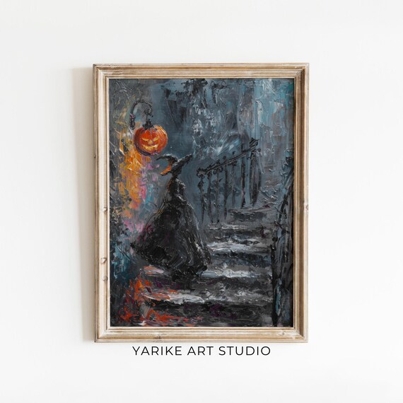 Abstract Dark Fantasy Painting Moody Witch Painting Woman Wizard Wall Art Halloween Night Print Witch Decor Wall Art 808