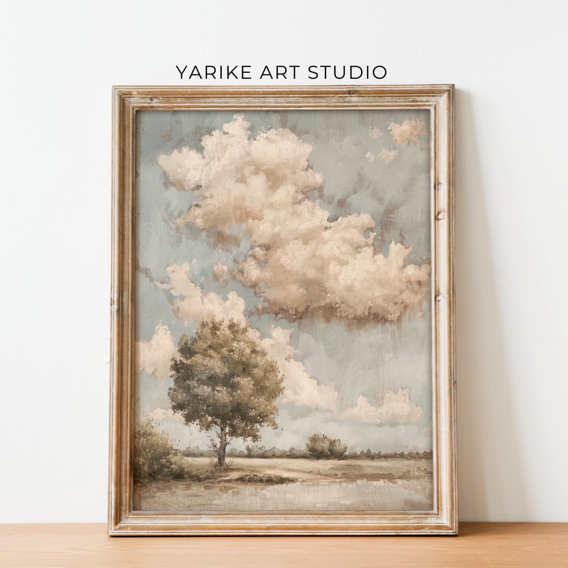 Neutral Cloudy Sky Billowing Clouds Lone Tree Vintage Oil Poster - Image 2