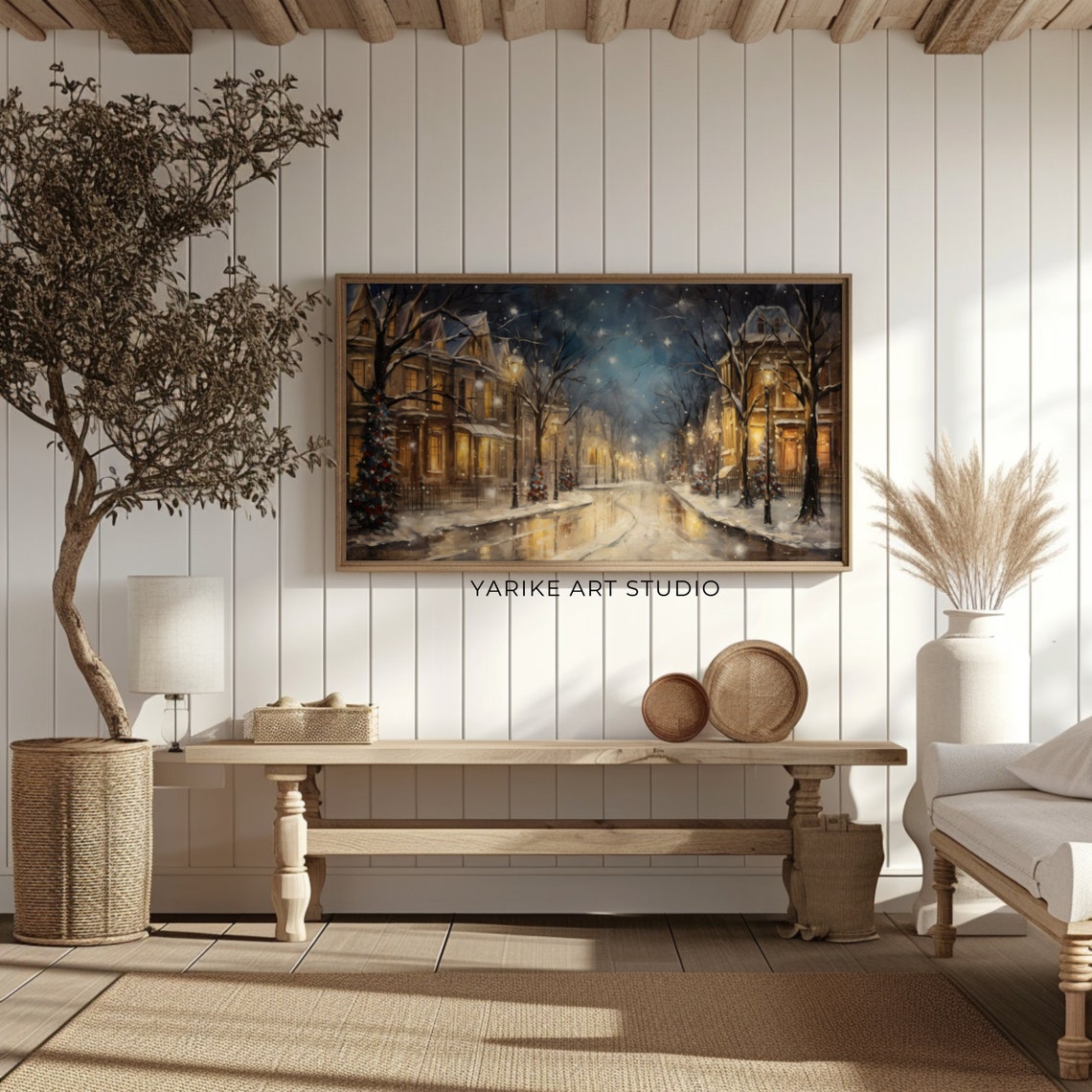 Snowy Winter Night Town Street Lit Windows Starry Christmas Poster - Image 2