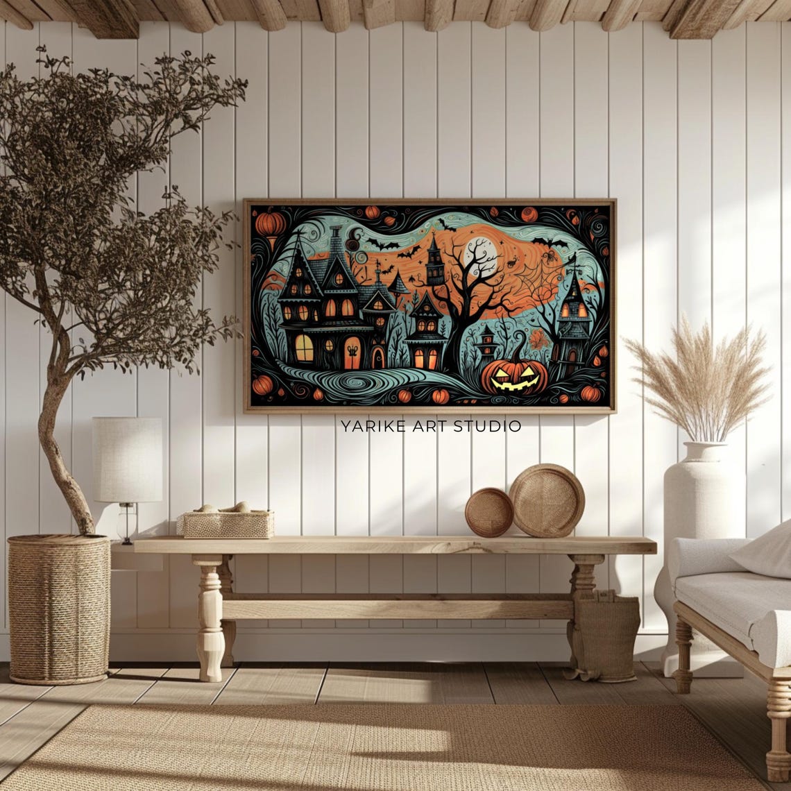 Haunted Houses Halloween Night Bats Jack O Lantern Spooky Art Poster - Image 2