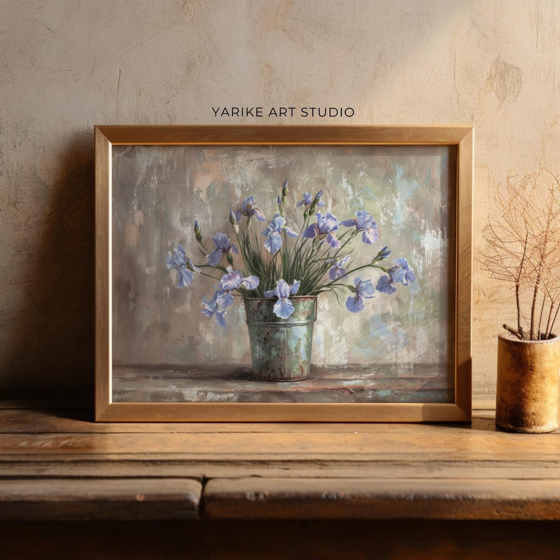 Blue Iris Flowers Tin Pail Soft Neutral Floral Still Life Poster - Image 3