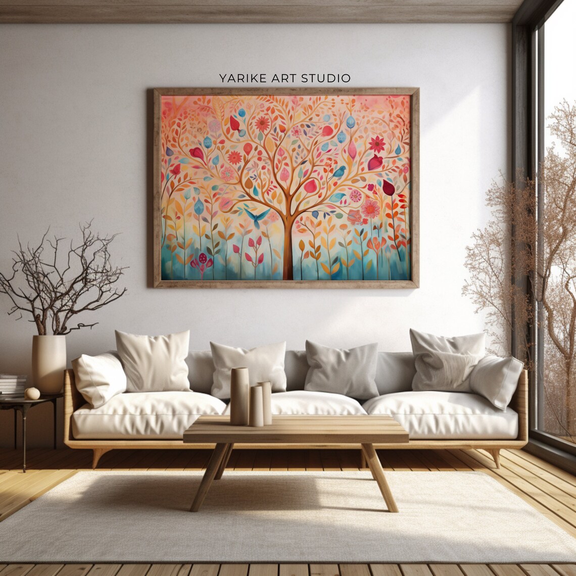 Colorful Folk Art Tree of Life with Birds and Flowers Poster - Image 2