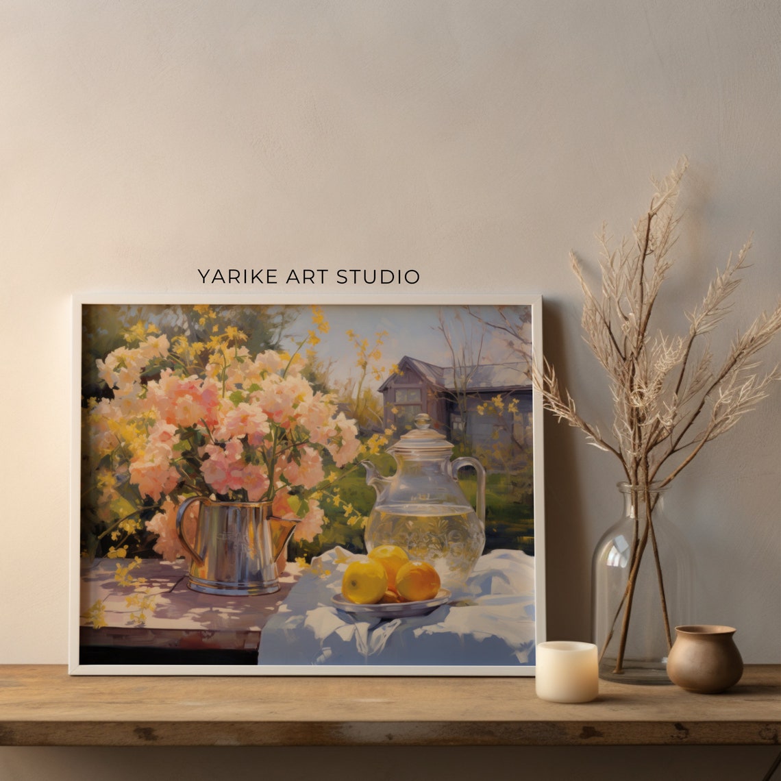 Pink Blossom Pitcher Lemons Garden Still Life Painting Poster - Image 4